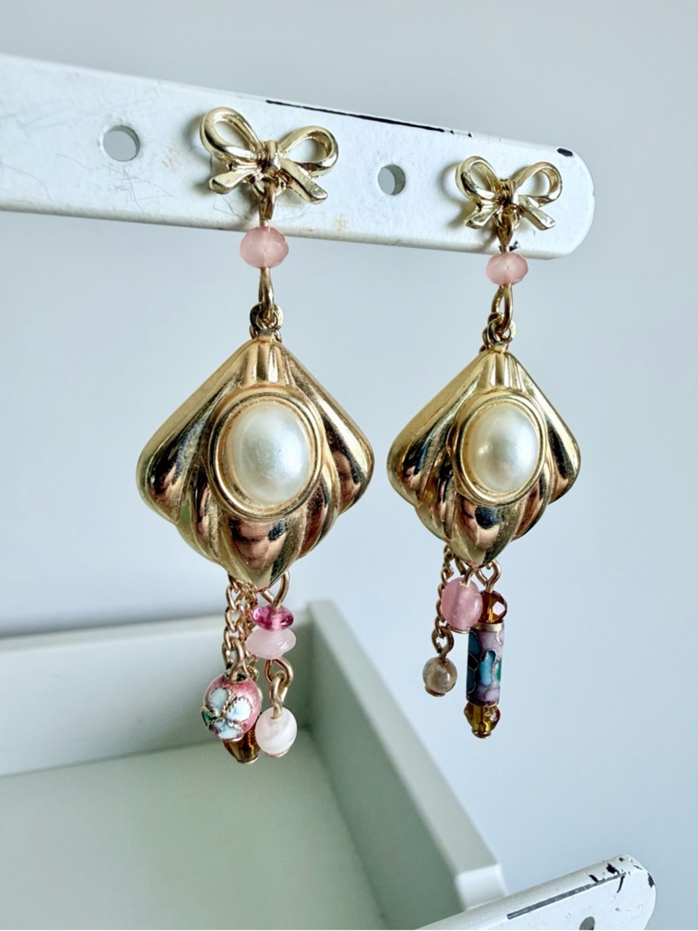 Faux Pearl and Cloisonné Dangles